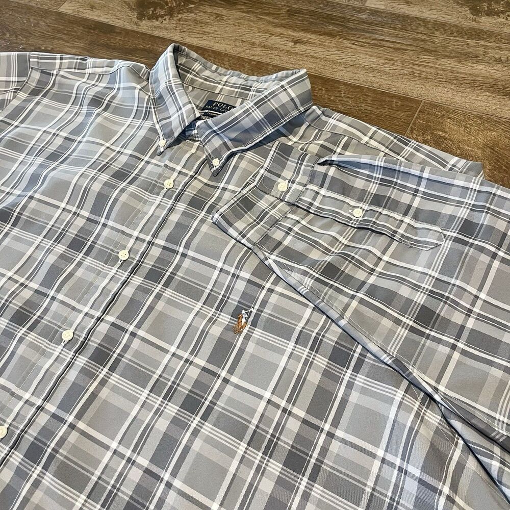 Polo Ralph Lauren Mens Shirt 4XLT Gray Plaid Performance Button Up Flesh Pony